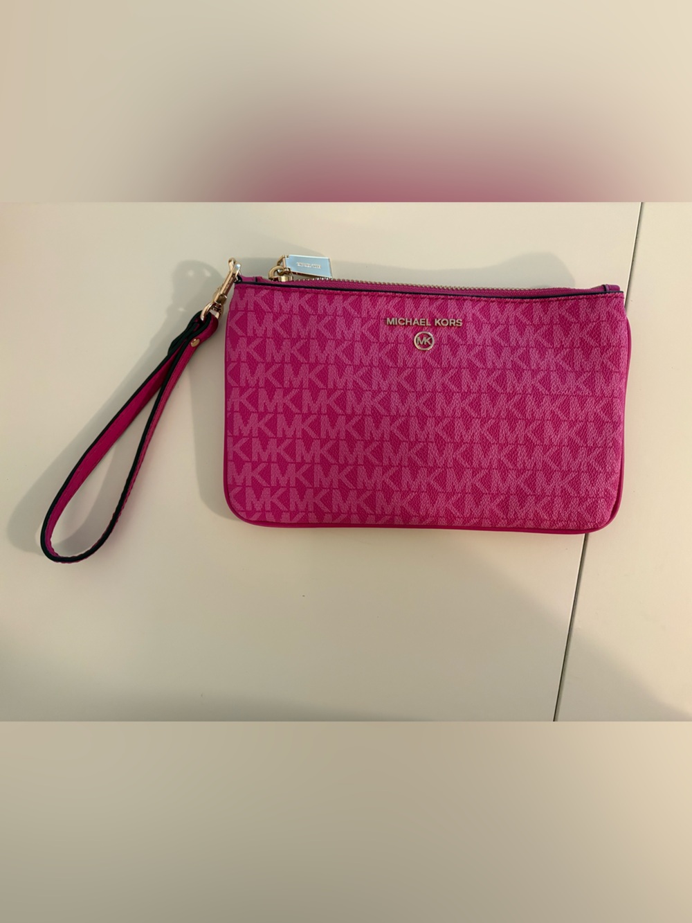 Michael Kors Hot Pink Signature Wristlet Clutch with Gold Accent